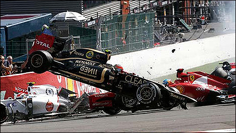 Romain Grosjean's crash at the start of the Grand Prix of Belgium, 2012.