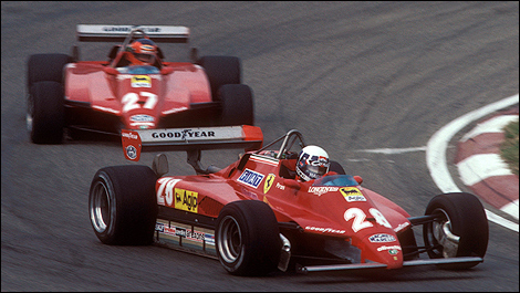 Didier Pironi leads Gilles Villeneuve at the end of the 1982 San Marno Grand Prix.