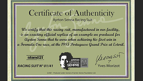 F1 Ayrton Senna racewear certificate of authenticity