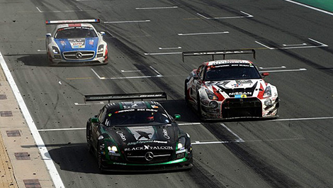 Black Falcon Mercedes crosses the line to win the 2015 Hankook 24 Hours of Dubai