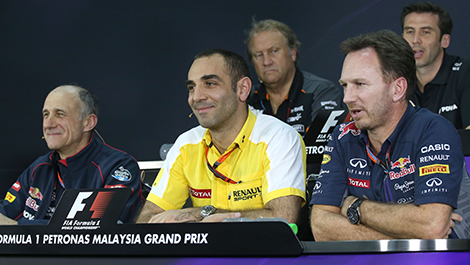 Cyril Abiteboul sitting in between Franz Tost of Toro Rosso and Christian Horner of Red Bull Racing