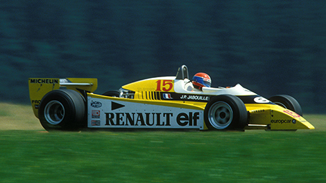 Renault works team in 1980 with Jean-Pierre Jabouille driving the RS10