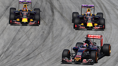 Max Verstappen leads the two Red Bulls during the Malaysian Grand Prix. 